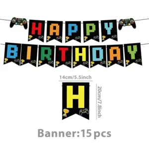 Gaming party Happy Birthday banner with pixel letters and controllers