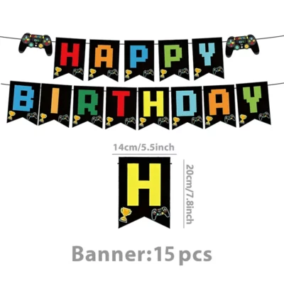 gaming party happy birthday banner 15pcs Gaming party Happy Birthday banner with pixel letters and controllers