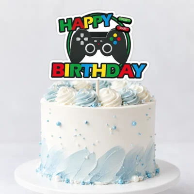 gaming party happy birthday cake topper 16x11 4cm Gaming party Happy Birthday cake topper with black controller