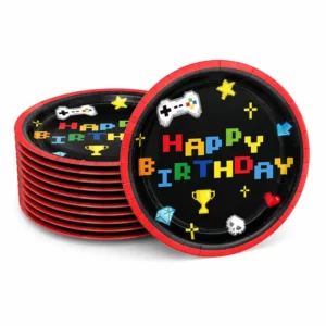 Black gaming party Happy Birthday paper plates with pixel graphics