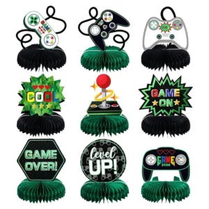 Nine gaming honeycomb centrepiece designs with controllers and level-up signs