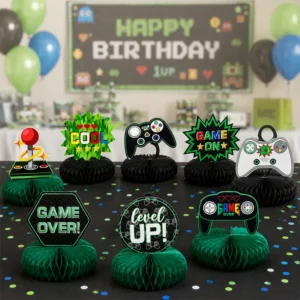 Gaming birthday table with green and black honeycomb controller centrepieces