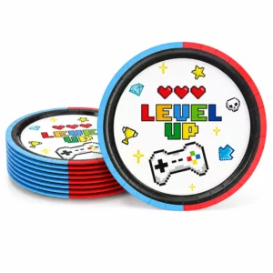 Gaming party Level Up paper plates with controller and pixel icons