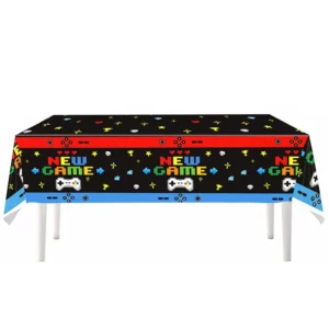 Black gaming party tablecloth with New Game controller design