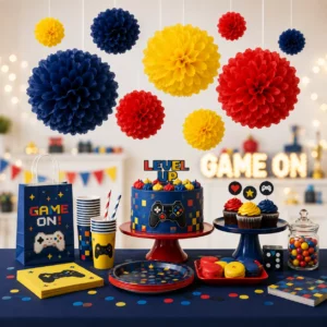 Hanging tissue paper pom poms styled for a Gaming Party display