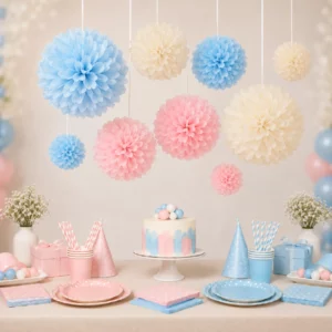 Hanging tissue paper pom poms styled for a Gender Reveal Party display