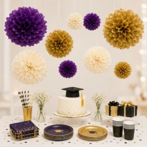 Hanging tissue paper pom poms styled for a Graduation Party display