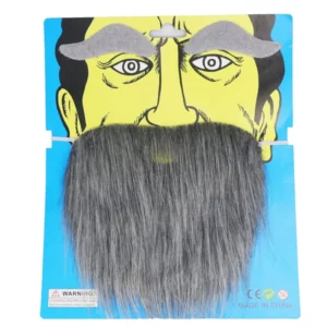 Grey costume eyebrows and long beard set displayed on blue packaging