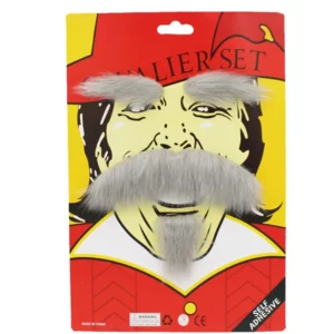 Grey costume eyebrows, bushy moustache and goatee set on red packaging