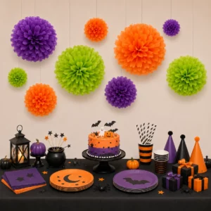 Hanging tissue paper pom poms styled for a Halloween Party display