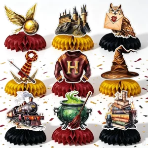 Nine Harry Potter honeycomb table centrepieces on a party table