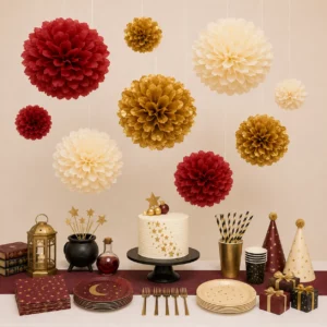 Hanging tissue paper pom poms styled for a Harry Potter Party display