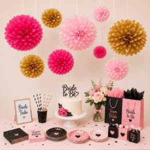 Hanging tissue paper pom poms styled for a Hens Night display