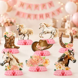 Pink floral horse honeycomb table centrepieces on a party table