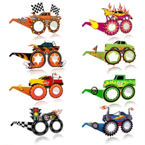 Eight Hot Wheels monster truck paper party glasses in assorted designs