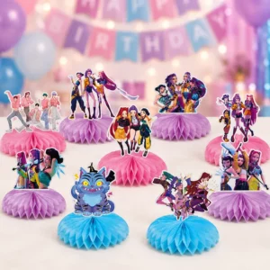 Nine KPop Demon Hunters honeycomb table centrepieces at a party