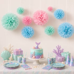 Hanging tissue paper pom poms styled for a Mermaid Party display