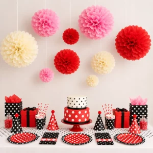 Hanging tissue paper pom poms styled for a Mickey Minnie Mouse Party display