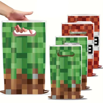 Double-sided Minecraft pixel loot bags with green block and red TNT designs