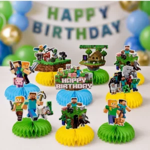 Minecraft birthday table with nine colourful honeycomb centrepieces