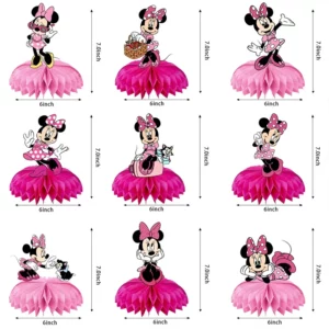 Sizes of nine Minnie Mouse pink honeycomb table centrepieces