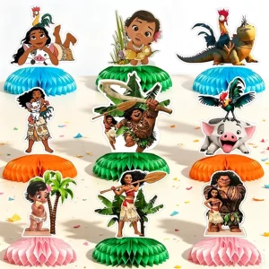 Nine Moana honeycomb table centrepieces on a party table