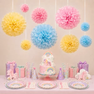 Hanging tissue paper pom poms styled for a My Little Pony Party display
