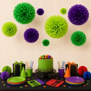 Hanging tissue paper pom poms styled for a Ninja Party display