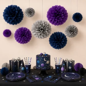 Hanging tissue paper pom poms styled for a Outer Space Birthday Party display
