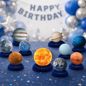 Outer space birthday table with nine planet honeycomb centrepieces