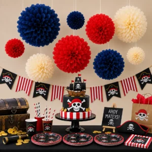 Hanging tissue paper pom poms styled for a Pirate Party display