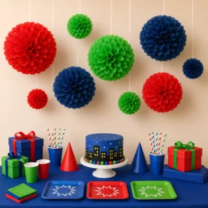 Hanging tissue paper pom poms styled for a PJ Masks Party display