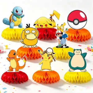 Pokemon character honeycomb table centrepieces on a party table