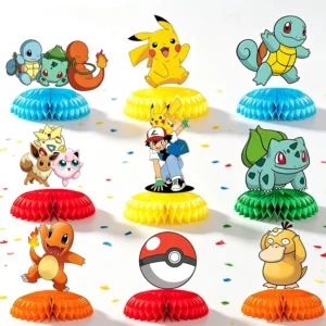 Nine Pokemon Style C honeycomb table centrepieces on a party table