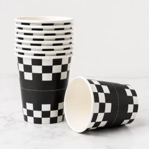 Ten black and white chequered racing party cups