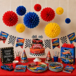 Hanging tissue paper pom poms styled for a Racing Car Birthday Party display