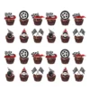 racing car flag cupcake toppers 24pcs Twenty-four racing car tyre and chequered flag cupcake toppers