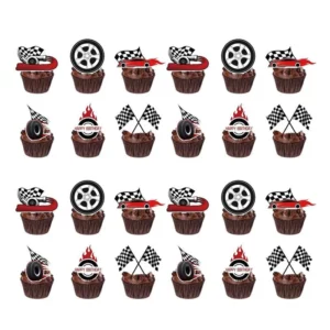 Twenty-four racing car tyre and chequered flag cupcake toppers