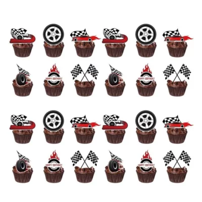 racing car flag cupcake toppers 24pcs Twenty-four racing car tyre and chequered flag cupcake toppers