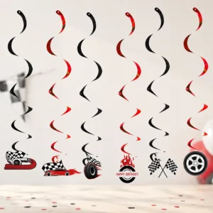Six red and black racing car hanging swirl decorations