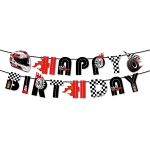 Racing car Happy Birthday banner with chequered flags