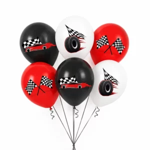 Six red black and white racing car balloons with checkered flag prints