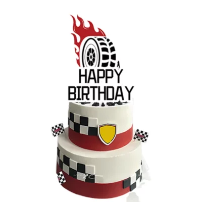 Racing tyre and flame Happy Birthday cake topper