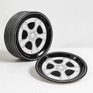 Ten black and white racing tyre paper plates