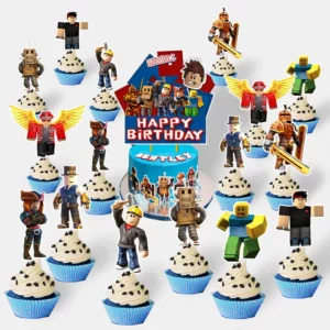 Roblox birthday cake topper and 16 character cupcake toppers