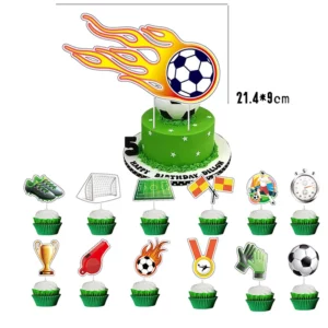 Flaming soccer ball cake topper with 12 assorted soccer cupcake toppers