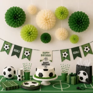 Hanging tissue paper pom poms styled for a Soccer Birthday Party display