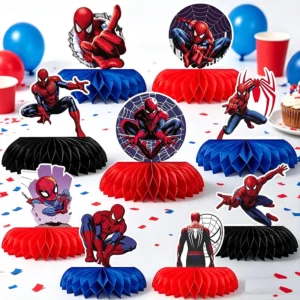 Nine Spiderman honeycomb table centrepieces on a party table