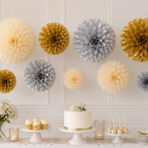 Hanging tissue paper pom poms styled for a Wedding display