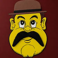Novelty yellow face mask with black moustache and brown hat